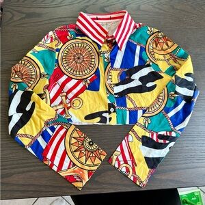 Striped-Collar Nautical Print Cropped Button-Up Top - Multicolor